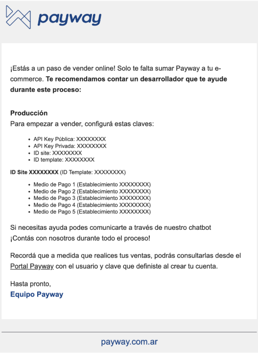 Correo con datos de producción de Payway