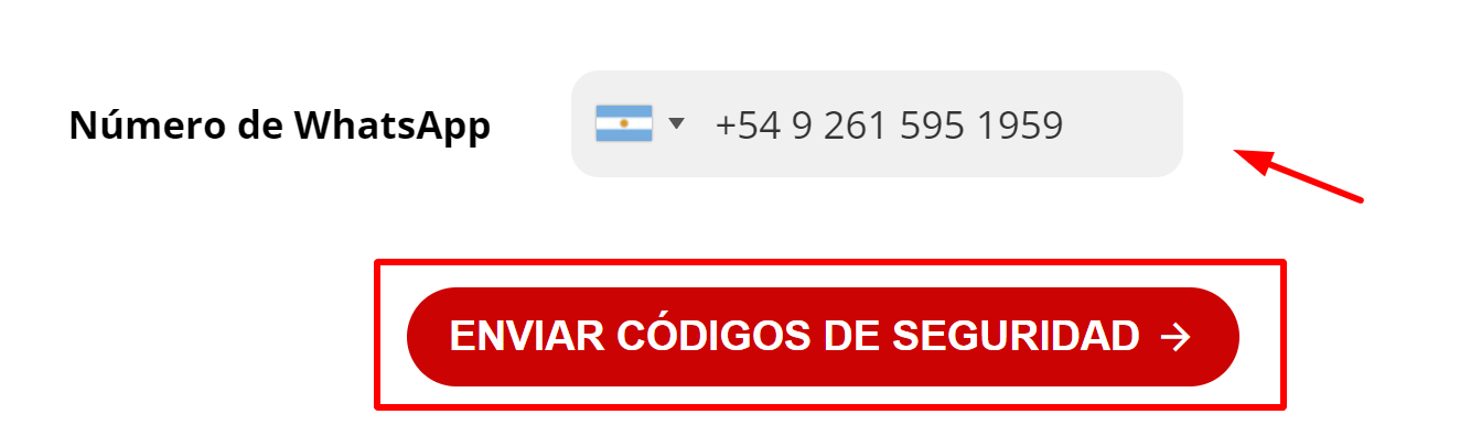Captura de pantalla para ingresar el número de WhatsApp y enviar código.